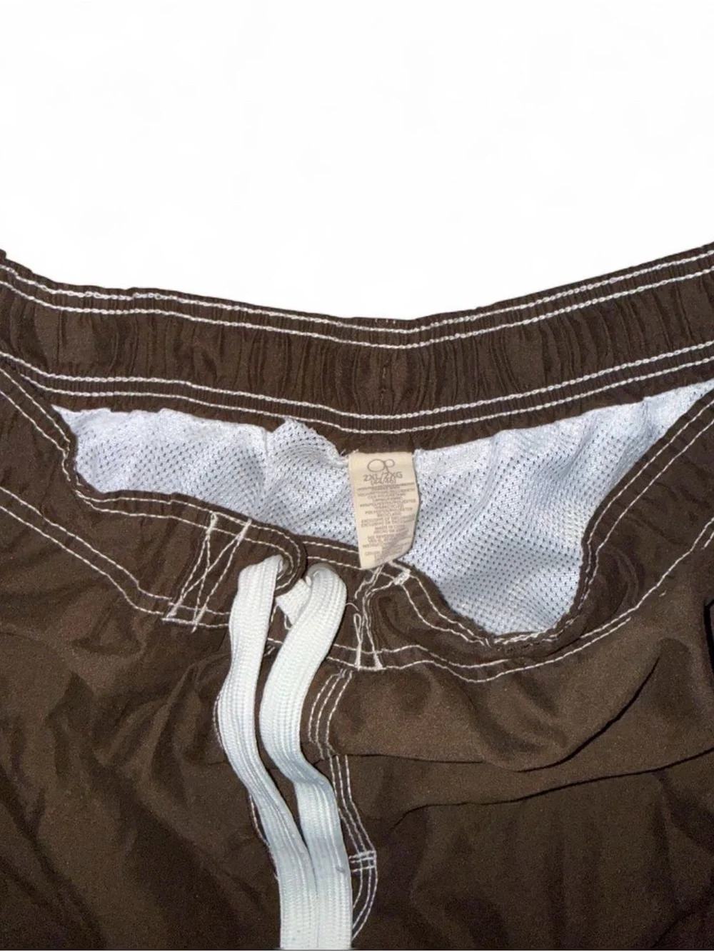 Vintage Y2K OP Men's Brown Swim Trunks with White and Blue Stripes